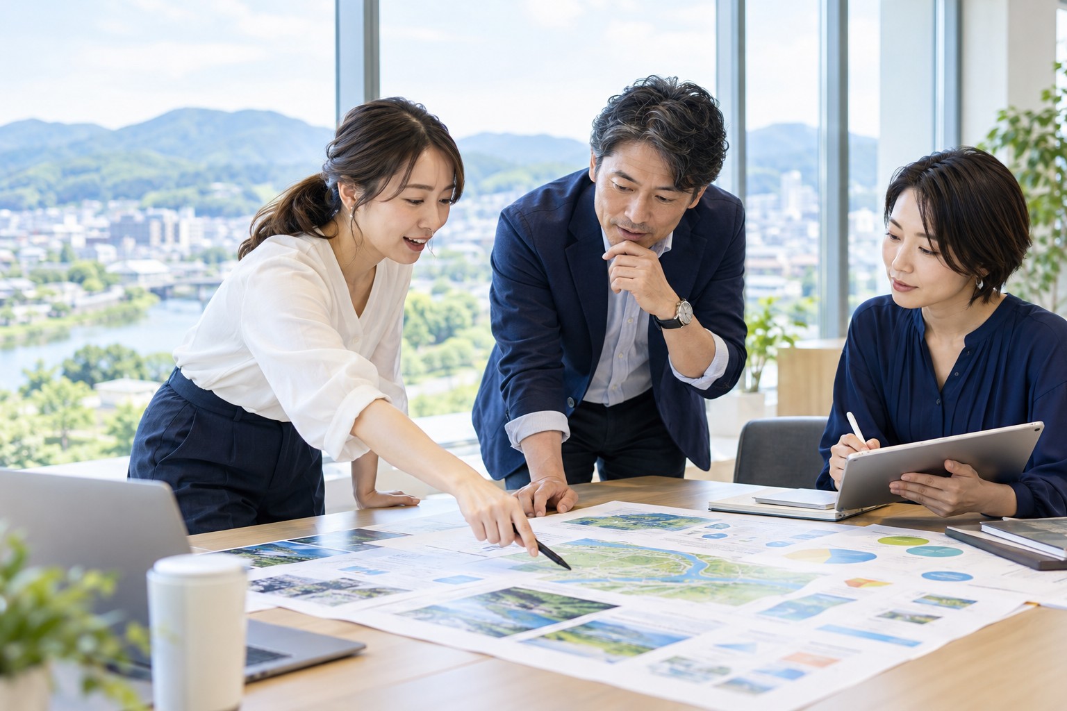 企業と自治体の担当者が地域支援の計画を話し合うイメージ