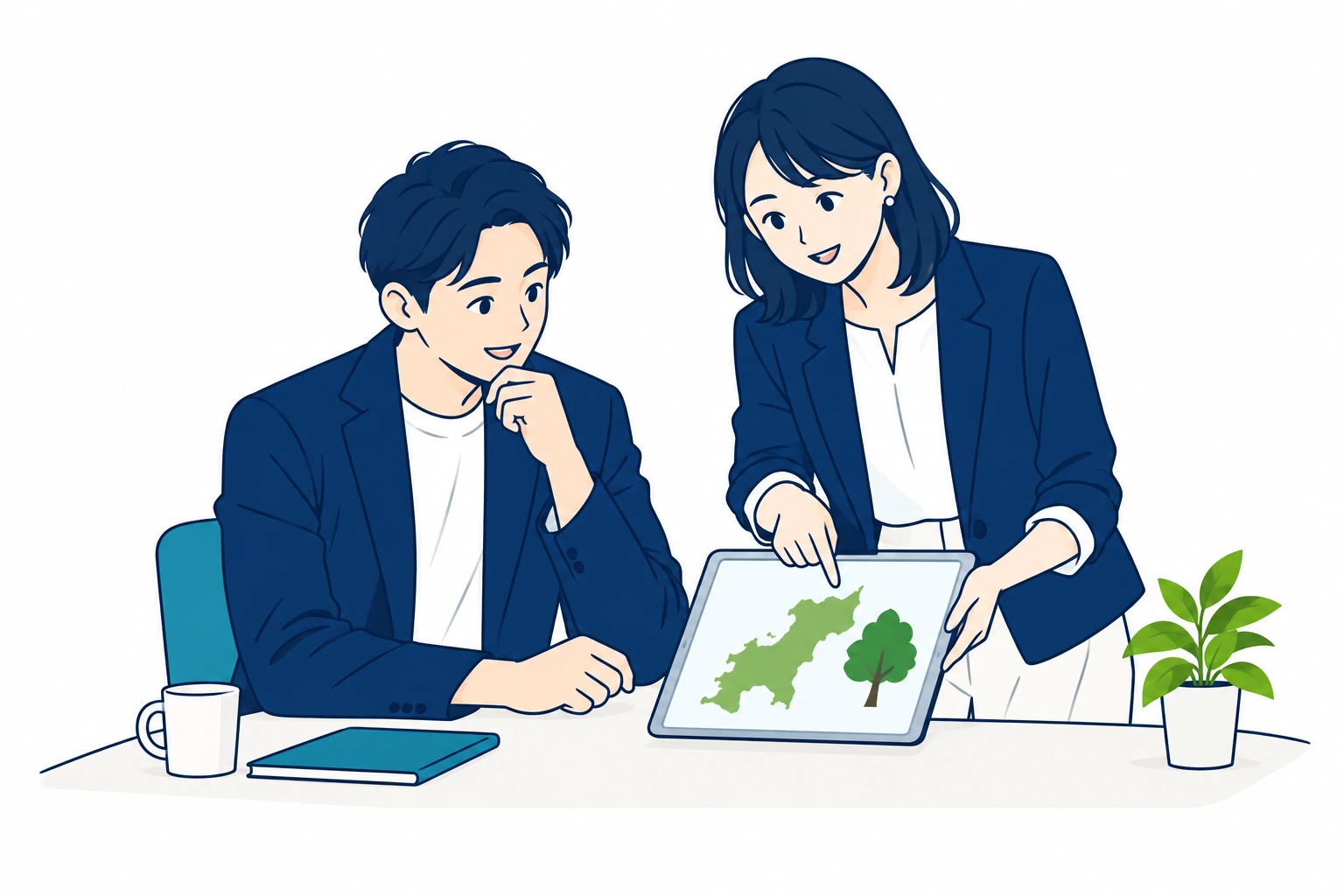 地域支援のテーマを話し合う企業担当者のイラスト