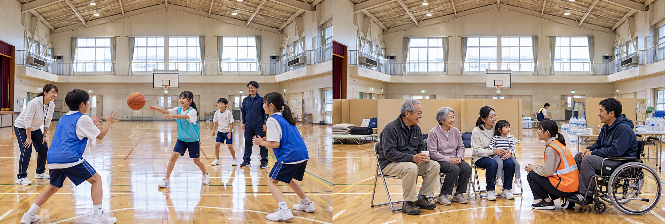 明るい学校体育館で、子どもたちがバスケットボールの練習に取り組み、指導者や地域の大人が見守る生成イメージ。
