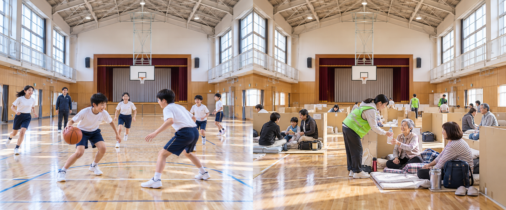 同じ学校体育館で、左側は子どもたちがスポーツに取り組み、右側は家族や高齢者が避難生活を送るイメージ。