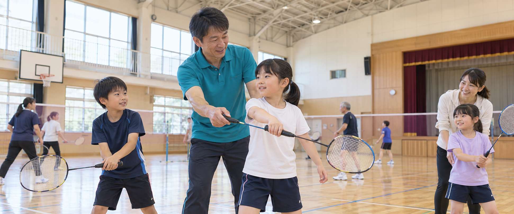 地域の指導者や保護者に支えられ、子どもたちがバドミントンに取り組む地域クラブのイメージ。