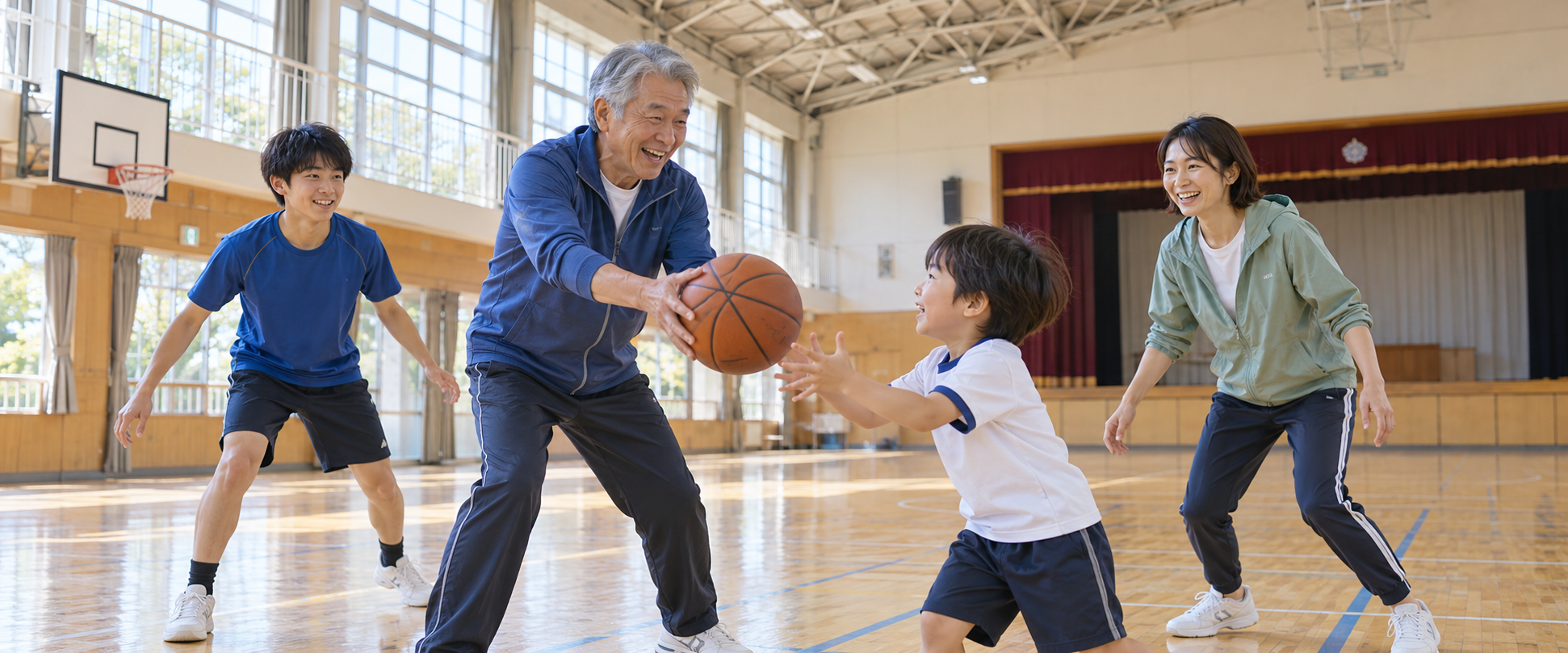 子ども、若者、親、高齢者が一緒にスポーツを楽しみ、世代をつなぐイメージ。