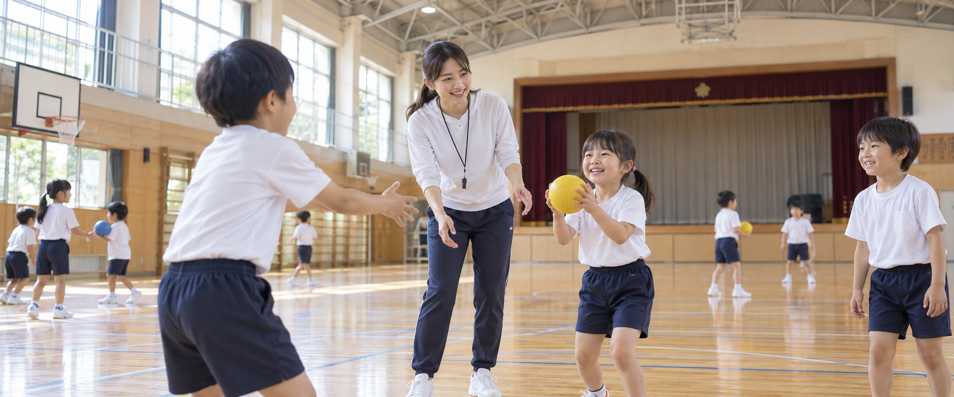 体育館で先生に見守られながら、子どもたちがボール運動に親しむ体育授業のイメージ。