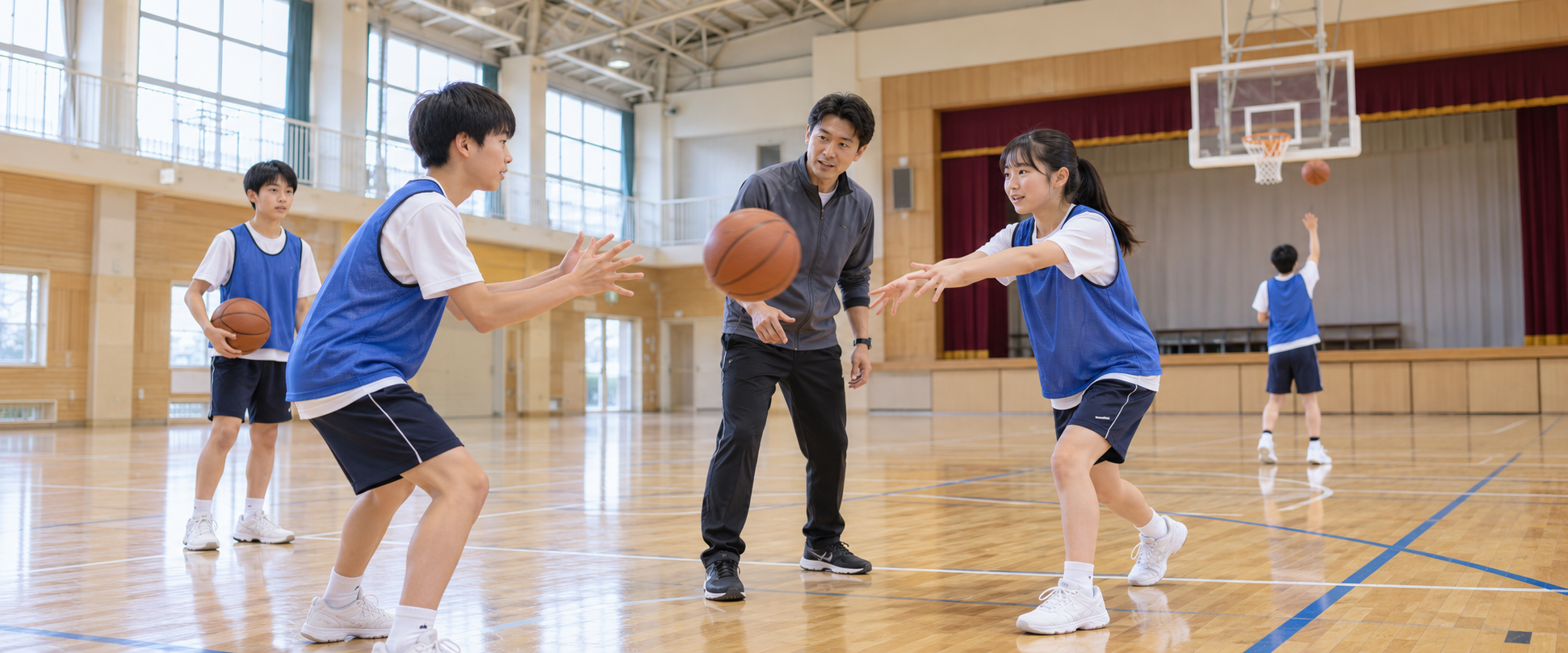 仲間や指導者と、体育館でバスケットボールの練習に取り組む部活動のイメージ。